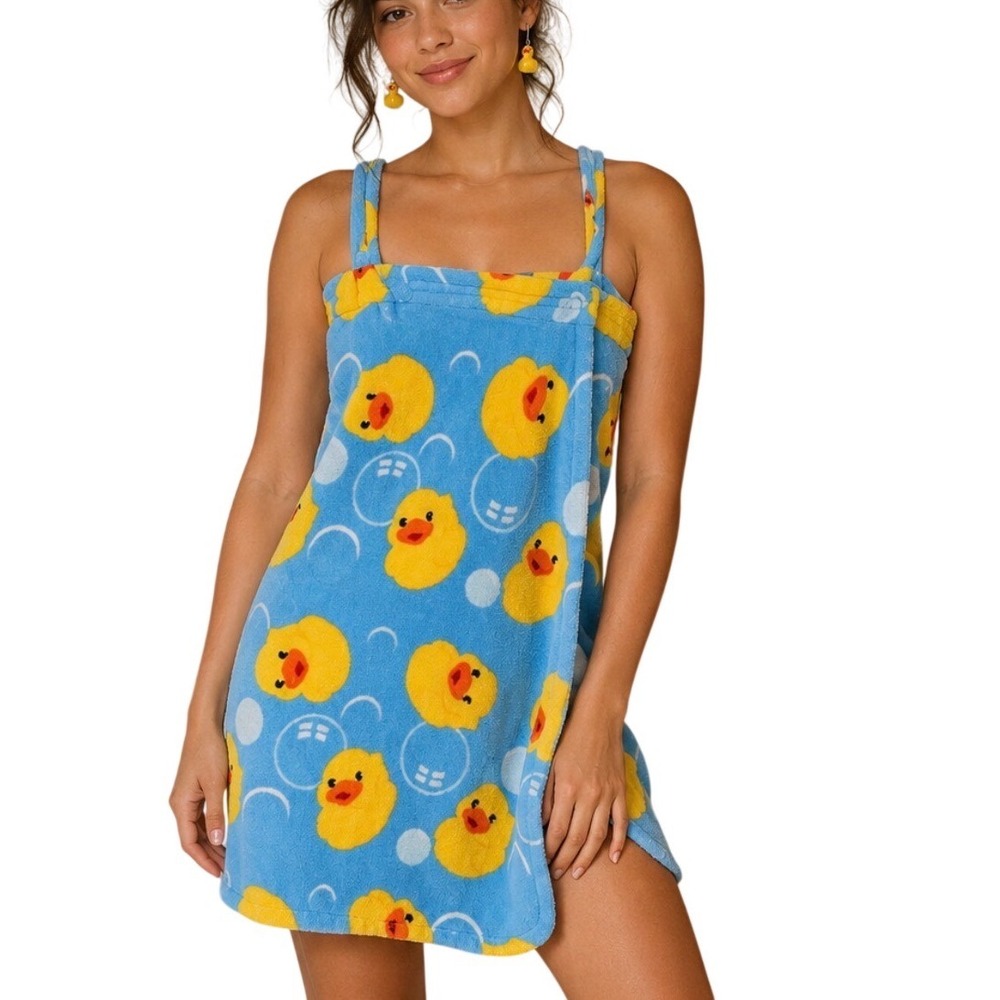 Hotel Spa Bath Wrap Set With Earrings OS Blue Yellow Rubber Ducky Plush